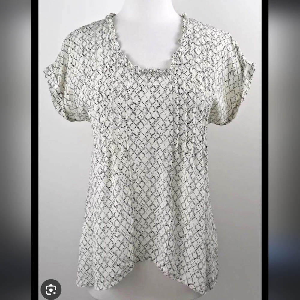 Anthropologie Womens Black & Cream  Asymmetrical Cuffed Sleeve Blouse Silk Top
